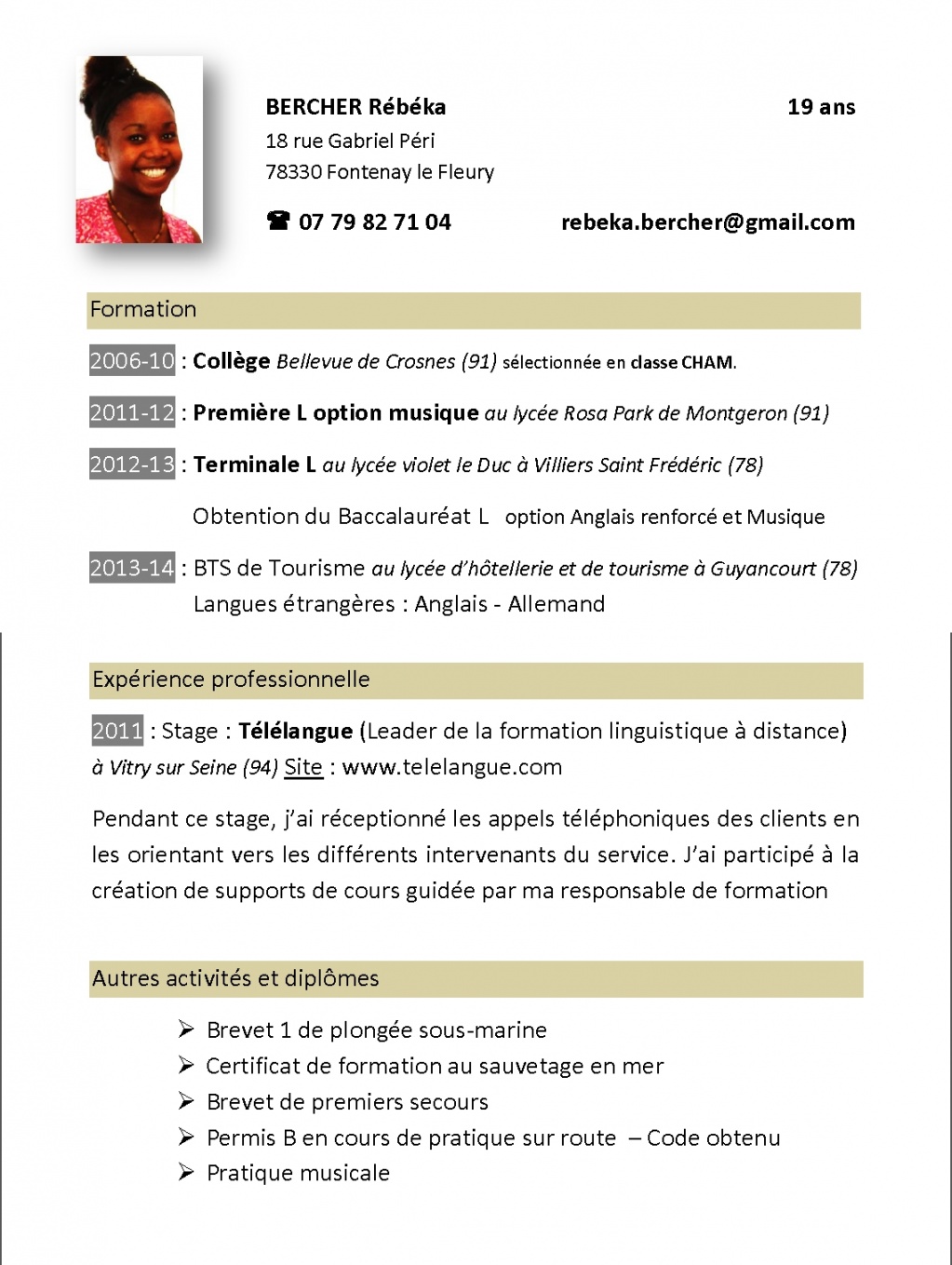 Exemple de CV agent de developpement touristique