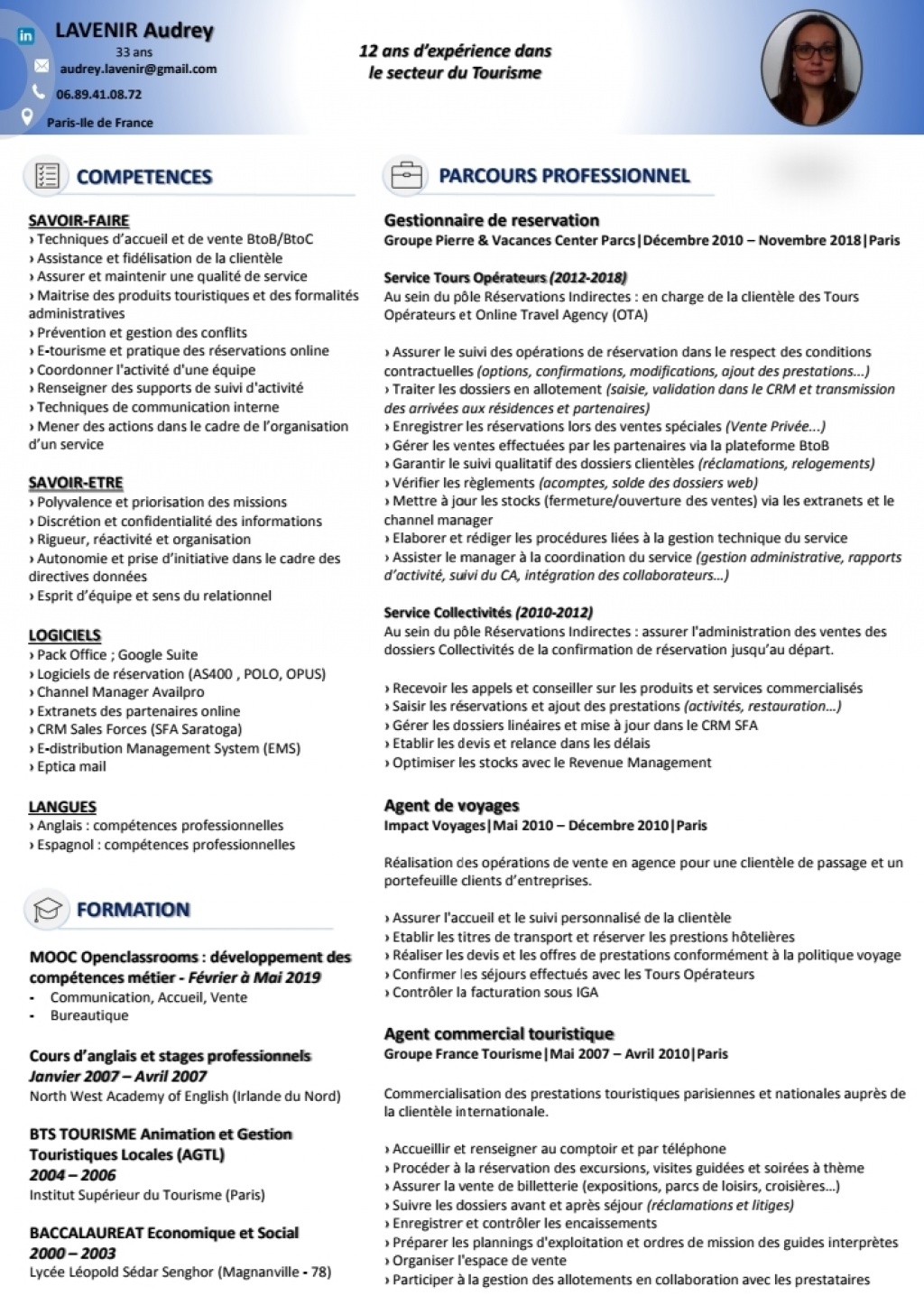 Cv Conseillere Clientele Vacances Et Loisirs Petites