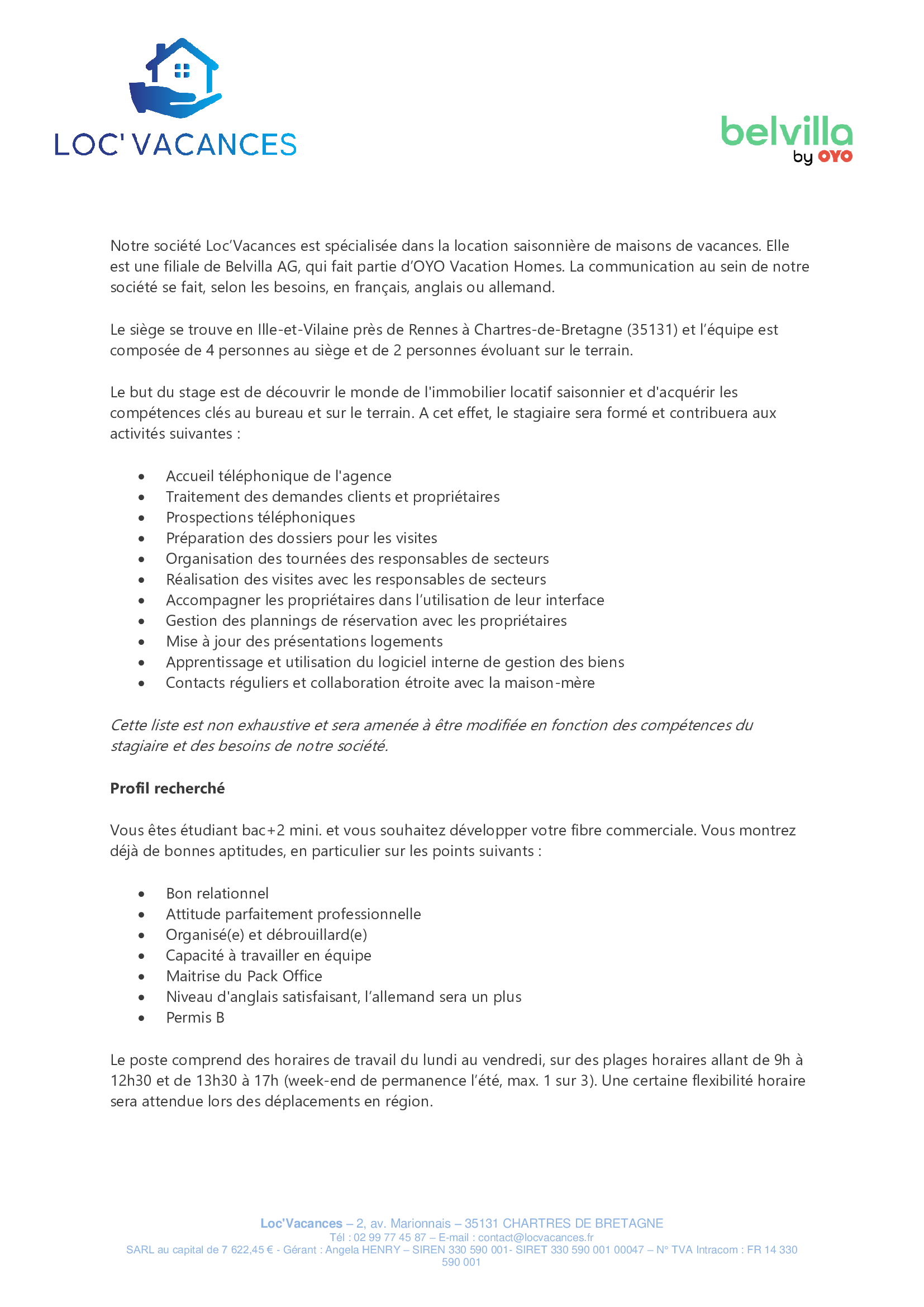 LOC'VACANCES - Stagiaire H/F - (Chartres-de-Bretagne - 35)