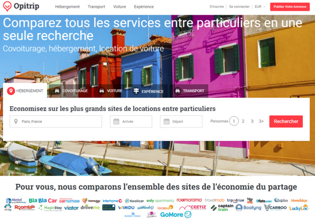 L'objectif d'Opitrip : simplifier la recherche des internautes en regroupant et comparant, sur une seule et même plateforme, l’ensemble des services de tourisme collaboratif (c) Homepage Opitrip.com