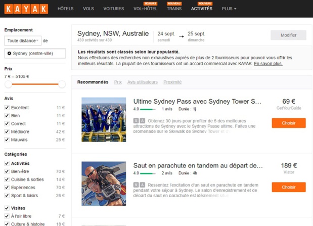 Kayak propose la fonctionnalité "Activités", exemple d'une recherche d'activités à Sydney (c) Kayak.fr Kayak propose la fonctionnalité "Activités", exemple d'une recherche d'activités à Sydney (c) Kayak.fr