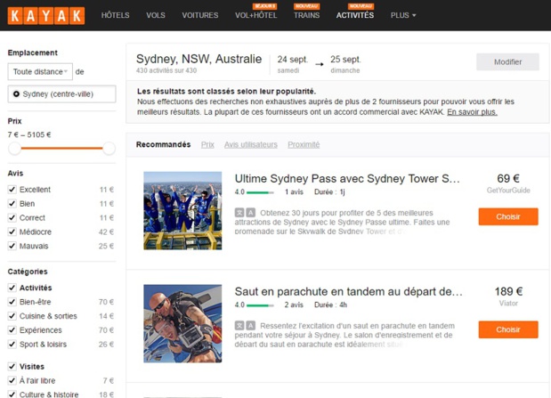 Kayak propose la fonctionnalité "Activités", exemple d'une recherche d'activités à Sydney (c) Kayak.fr