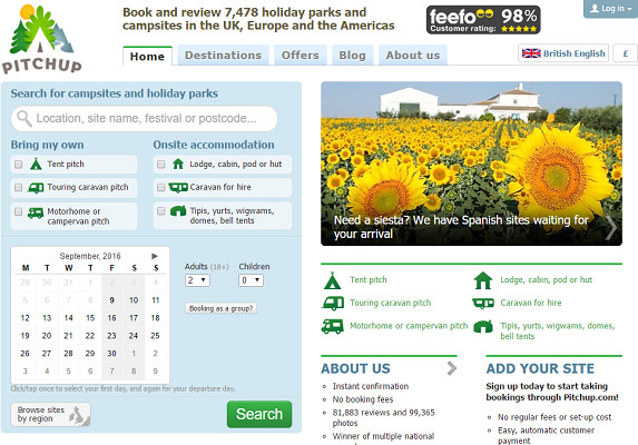Pitchup.com propose des établissements d'hôtellerie de plein air dans 27 pays différents - Capture d'écran Pitchup.com propose des établissements d'hôtellerie de plein air dans 27 pays différents - Capture d'écran