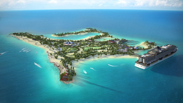 MSC a investi dans une île aux Bahamas. L’objectif est double : créer une réserve marine privée et proposer une nouvelle destination unique aux passagers. Ocean Cay MSC Marine Reserve disposera de 6 plages, un amphithéâtre de 2 000 places, un village typique des Bahamas, avec restaurants, bars et boutiques. Elle sera accessible en octobre 2018 - DR : MSC Croisières