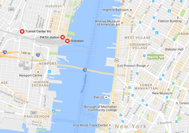 La gare d'Hoboken est située juste en face de Manhattan, de l'autre côté de l'Hudson - DR : Google Maps La gare d'Hoboken est située juste en face de Manhattan, de l'autre côté de l'Hudson - DR : Google Maps