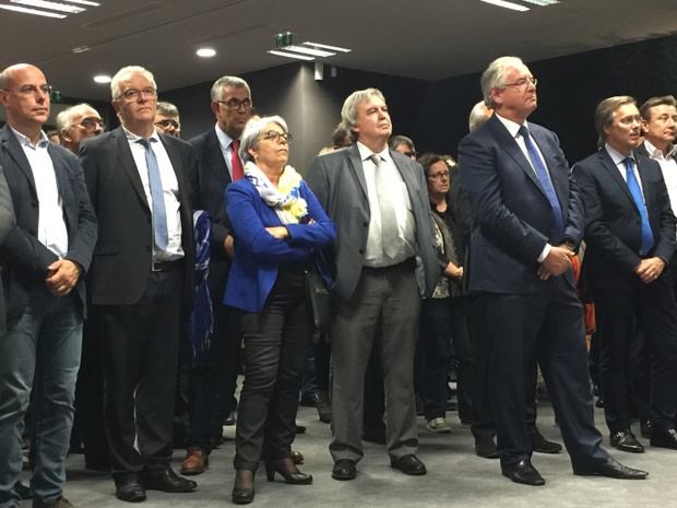 Marie-Lou Marcel, députée de l'Aveyron entourée de Daniel Segonds, président de l'aéroport de Rodez, René-Marc Chikli, président du SETO et Patrick Pourbaix, DG MSC Croisières France - DR : Groupe Verdié