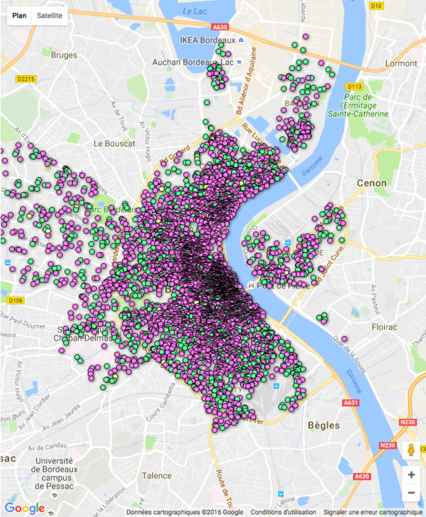 La carte montre les offres Airbnb à Bordeaux (c) Capture d’écran de l'Observatoire Airbnb)