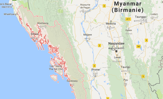 Le MAE déconseille formellement aux ressortissants français de se déplacer dans le Nord de l'Etat de Rakhine, en Birmanie - DR : Google Maps