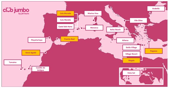 La liste complète des club jumbo pour l’été 2017 dont nouveautés en orange) - Carte Jet tours