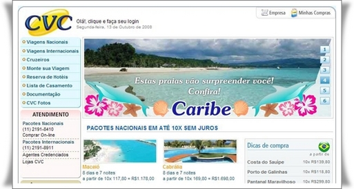 1er TO brésilien, CVC a fait voyager 1,6 millions de clients en 2007. Après avoir programmé principalement des destinations latino-américaines, le groupe a ouvert une programmation Europe et Amérique du Nord depuis sept ans. 1er TO brésilien, CVC a fait voyager 1,6 millions de clients en 2007. Après avoir programmé principalement des destinations latino-américaines, le groupe a ouvert une programmation Europe et Amérique du Nord depuis sept ans.