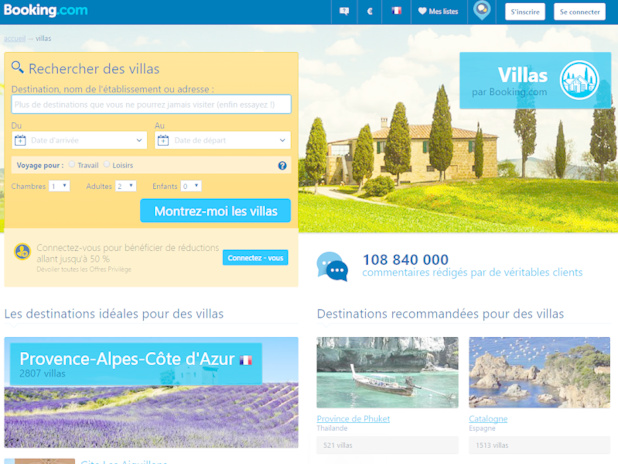 Lancé en 2014, la plateforme Villas.com a commencé à héberger près de 150 000 propriétés, elle est venue concurrencer les pionniers comme HomeAway ou encore Airbnb (c) Capture Booking.com