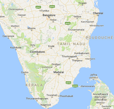 La région du Tamil Nadu est située au Sud de l'Inde - DR : Google Maps