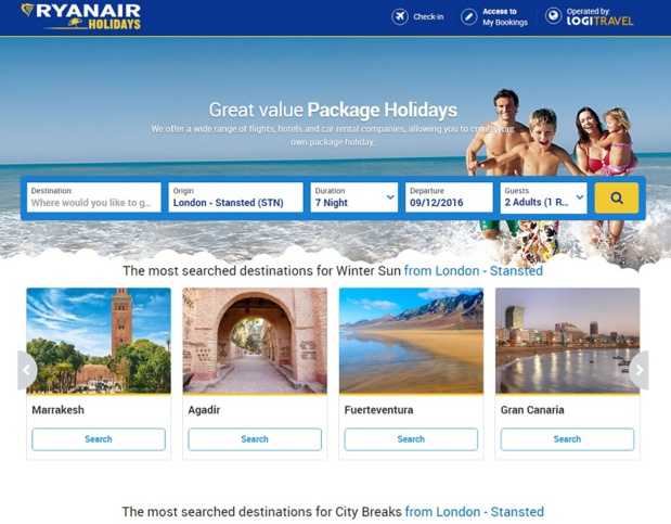 Ryanair Holidays permet la vente de forfaits de vacances, avec vols, hébergement et transferts - DR : Capture d'écran Ryanair Holidays