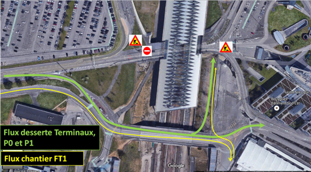 Les seules voies d’accès sont désormais celles passant sur le Pont PR8, appelé dorénavant Pont P3, matérialisées en vert et jaune sur le plan - DR : Aéroports de Lyon