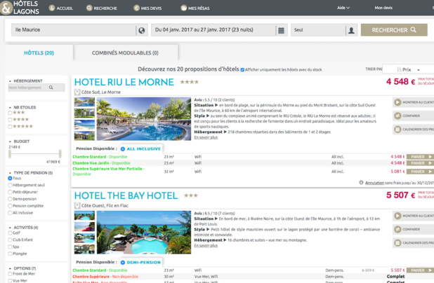 Avec le nouveau site d’Hôtels et Lagons, l'agence va pouvoir immédiatement faire remonter 3 offres d’hôtels avec la comparaison en mètres carrés des tailles des chambres (c) hôtel-lagons.com Avec le nouveau site d’Hôtels et Lagons, l'agence va pouvoir immédiatement faire remonter 3 offres d’hôtels avec la comparaison en mètres carrés des tailles des chambres (c) hôtel-lagons.com