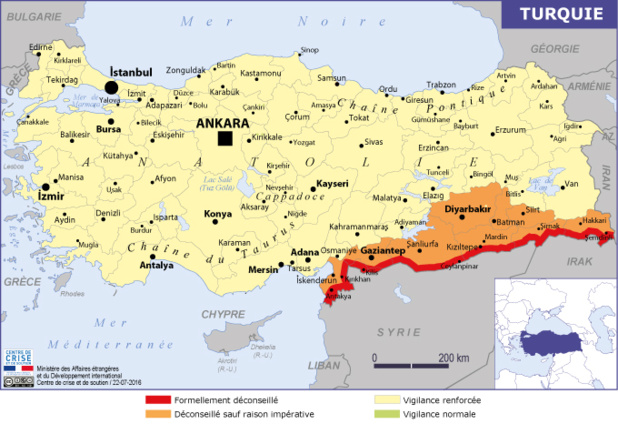 La carte publiée par le MAE sur la Turquie - Image DR Quai d'Orsay La carte publiée par le MAE sur la Turquie - Image DR Quai d'Orsay