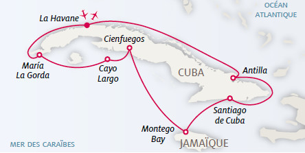 L'itinéraire de la croisière "Grand Tour Cubain" de Kuoni - DR : Kuoni