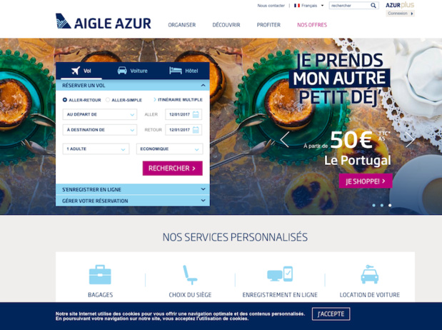 Cette nouvelle page d'accueil a été conçue pour répondre aux attentes de la clientèle de façon plus personnalisée, mettant en avant des services additionnels et des partenaires pertinents selon la demande (c) Capture d'écran site Aigle Azur