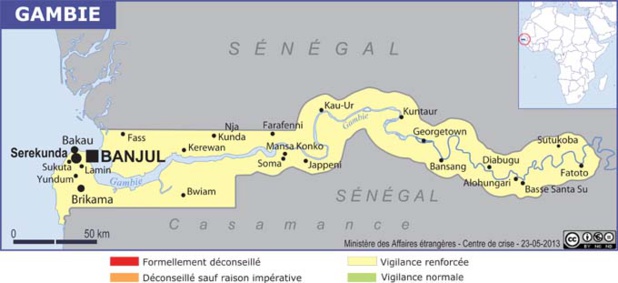 La carte de la Gambie publiée par le Quai d'Orsay - DR : MAEDI La carte de la Gambie publiée par le Quai d'Orsay - DR : MAEDI