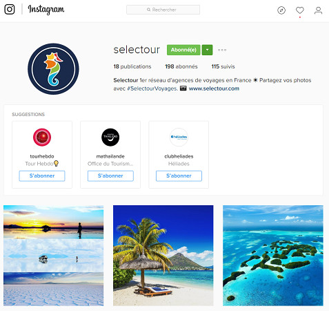 Le compte Instagram de Selectour - Capture d'écran