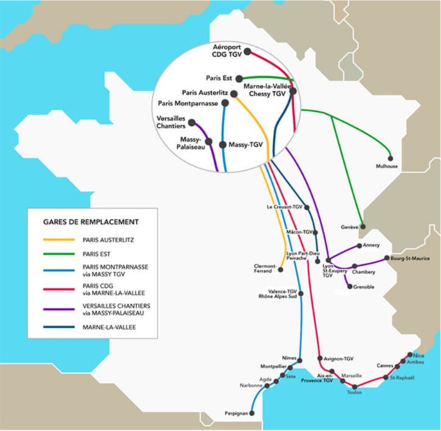 La carte de la SNCF indiquant les modifications de gares en région parisienne - DR SNCF La carte de la SNCF indiquant les modifications de gares en région parisienne - DR SNCF