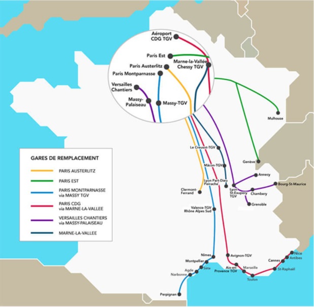 La carte de la SNCF indiquant les modifications de gares en région parisienne - DR SNCF