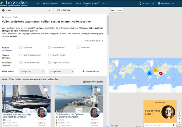 Le site Kazaden propose des croisières en voilier avec skipper - Caprture écran
