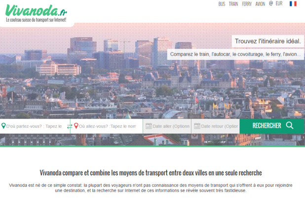 Vivanoda recherche, grâce à un algorithme, des itinéraires parmi des milliers de lignes aériennes, ferroviaires, maritimes, lignes de bus longue distance ou régionales ou encore des offres de covoiturage - Capture d'écran Vivanoda