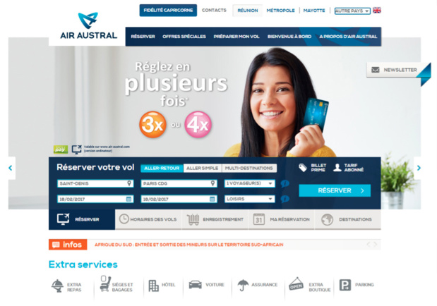 Air Austral propose le paiement en plusieurs fois sans frais avec Oney - Capture écran