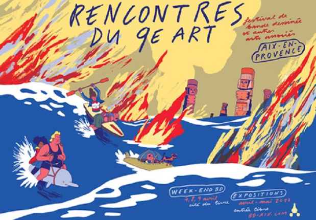 Rendez-vous avec 5O auteurs internationaux durant les rencontres du 9e art d'Aix en Provence du 1er avril au 28 mai 2017. Affiche de Simon Roussin