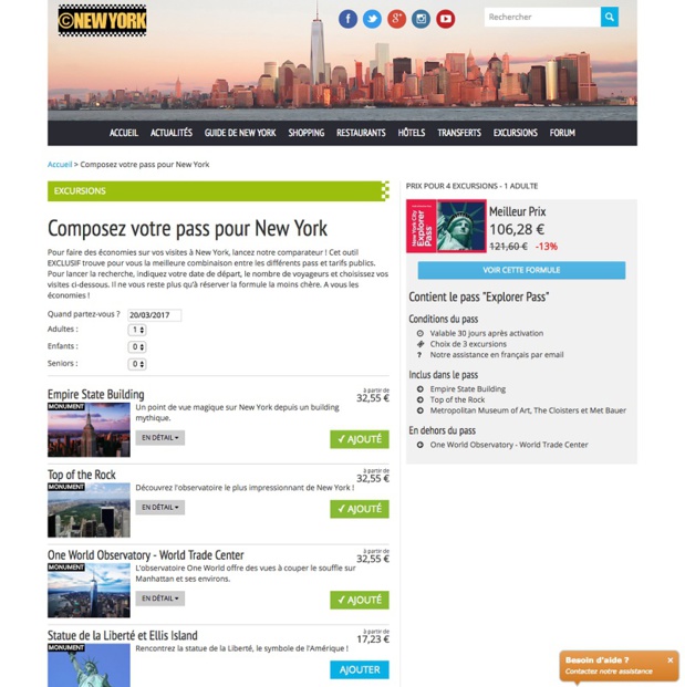Le comparateur de cnewyork permet de trouver l'offre de pass touristique la moins chère pour visiter New York - Capture d'écran