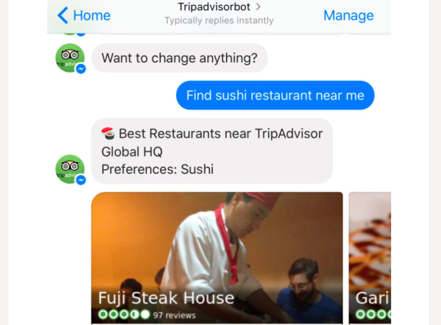 Le chabot s'exprime pour l'instant exclusivement en anglais (c) TripAdvisor Blog Le chabot s'exprime pour l'instant exclusivement en anglais (c) TripAdvisor Blog