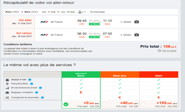 L'exemple d'Air France où les nouvelles offres tarifaires sont accessibles sur l'espace pro de MisterFly (c) Capture MisterFly