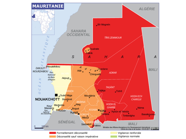 La carte des Conseils aux Voyageurs du Quai d'Orsay pour la Mauritanie - DR : Conseils aux Voyageurs