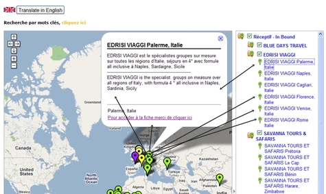 Cliquer pour agrandir : Chaque catégorie renvoie vers la bulle avec une présentation bilingue succinte. La fiche de présentation est immédiatement accessible depuis la bulle. Si le réceptif est présent dans différents pays, chaque bulle y renverra