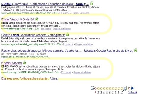 Cliquer pour agrandir : un aperçu de l'efficacité de Annuaire ? Mis en place la semaine dernière, la fiche d'Edrisi (mot recherché) pointe déjà en 1ère page de Google à 2 longueurs du site officiel...