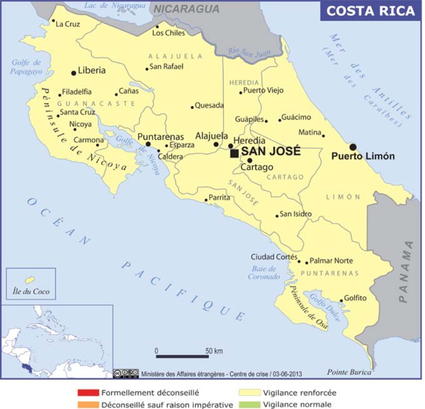 La carte du Costa Rica publiée par le MAE - DR La carte du Costa Rica publiée par le MAE - DR