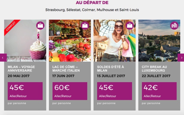 Moov'inbus propose des offres thématiques en autocar au départ de Strasbourg, Sélestat, Colmar, Mulhouse, Saint-Louis et Belfort - Capture écran