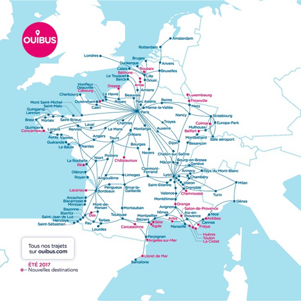 La carte du réseau Ouibus - DR La carte du réseau Ouibus - DR