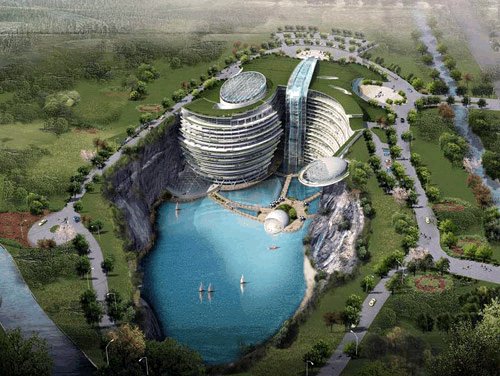 Même la Chine s'y met : ce projet d'hôtel près de Shanghai, dans le district de Songjiang pensé par Atkins, situé dans une ancienne carrière de 100 m de profondeur, comprendrait 400 lits et proposerait des restos, cafés et salles de sports Même la Chine s'y met : ce projet d'hôtel près de Shanghai, dans le district de Songjiang pensé par Atkins, situé dans une ancienne carrière de 100 m de profondeur, comprendrait 400 lits et proposerait des restos, cafés et salles de sports
