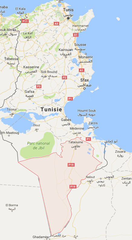Le gouvernorat de Tataouine est situé dans le sud de la Tunisie - DR : Google Maps Le gouvernorat de Tataouine est situé dans le sud de la Tunisie - DR : Google Maps