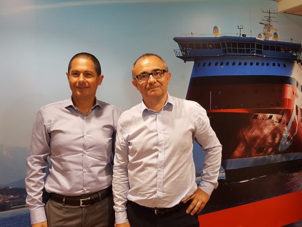 Pascal Trojani, président de Corsica Linea et Pierre-Antoine Villanova, directeur général de la compagnie à bord du Jean Nicoli, le 21 juin 2017 - DR : A.B.