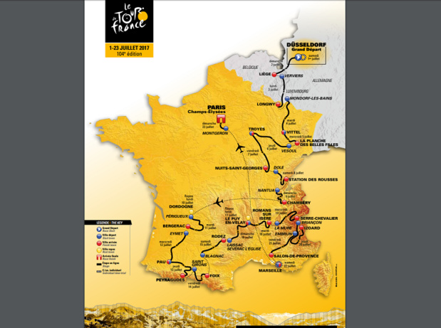 Le parcours du Tour de France 2017 qui débute samedi 1er juillet 2017 à Düsseldorf, en Allemagne - DR : ASO