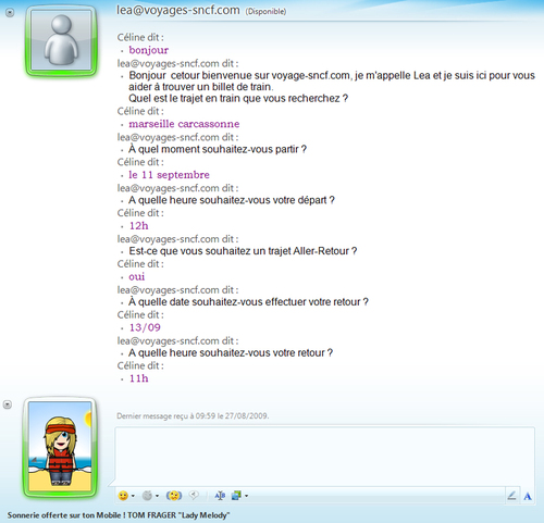 Voici une discussion sur MSN ave Léa pour la réservation d'un billet de train Voici une discussion sur MSN ave Léa pour la réservation d'un billet de train