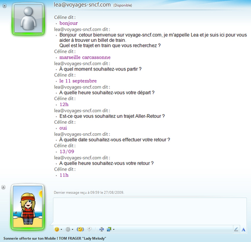 Voici une discussion sur MSN ave Léa pour la réservation d'un billet de train