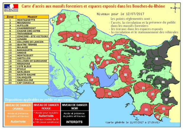 La carte d'accessibilité des massifs forestiers des Bouches-du-Rhône pour mercredi 12 juillet 2017 - DR : Préfecture des Bouches-du-Rhône