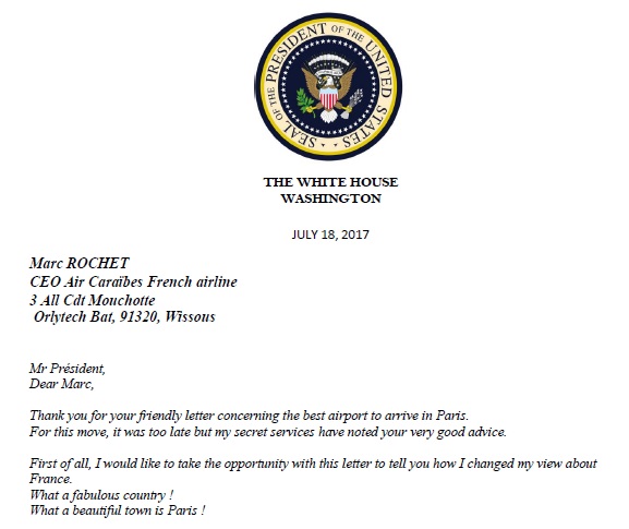 La lettre presque officielle de Donald Trump à Marc Rochet - DR La lettre presque officielle de Donald Trump à Marc Rochet - DR