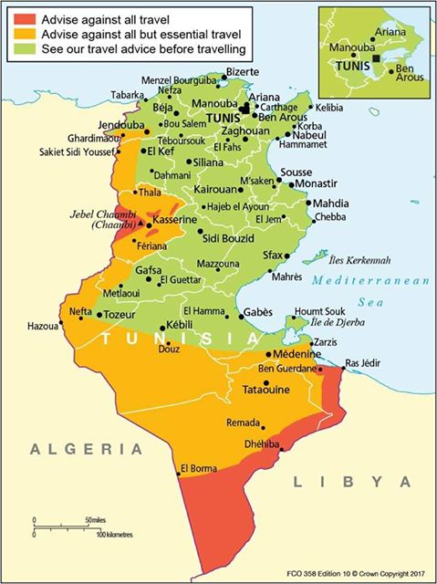 La carte des recommandations du Foreign Office britannique pour les voyages en Tunisie - DR : Foreign Office