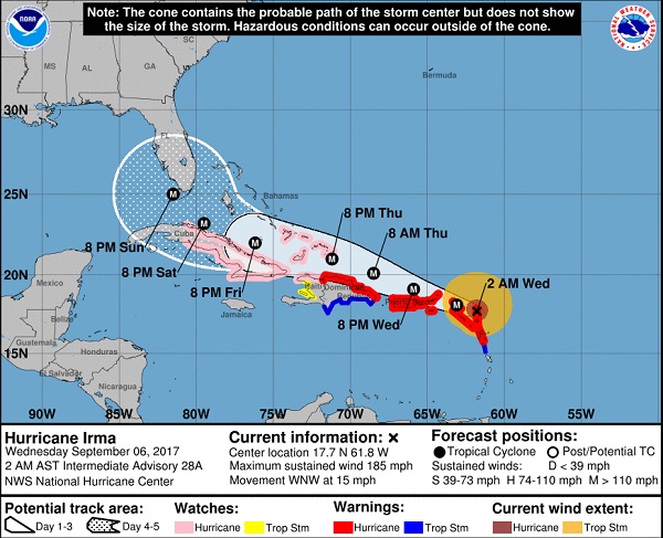 La trajectoire estimée d'Irma. Copie écran du site internet du NOAA. La trajectoire estimée d'Irma. Copie écran du site internet du NOAA.