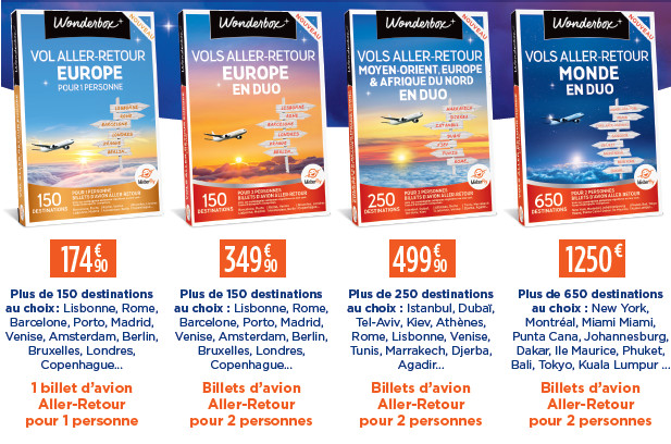 Les 4 coffrets "Vols Aller-retour" proposés par Wonderbox et Misterfly - DR Les 4 coffrets "Vols Aller-retour" proposés par Wonderbox et Misterfly - DR